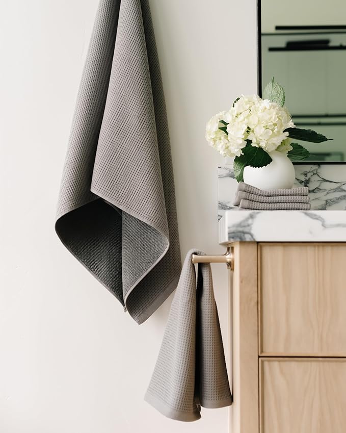 Cozy Earth Complete Waffle Bath Bundle - 60% Cotton 40% Viscose from Bamboo - Quick Dry & Ultra-Soft Waffle Weave Bath Towels - 4 Washcloths, 2 Hand Towels, 2 Bath Towels, 2 Bath Sheets, Charcoal