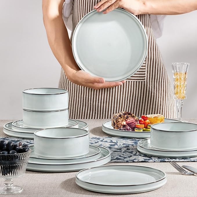 Herogo Plates and Bowls Dinner Dishes Sets for 6, 18 Pieces Ceramic Stoneware Dinnerware Set, Rustic Terracotta Bottom, Dishwasher & Microwave Safe, Icy White