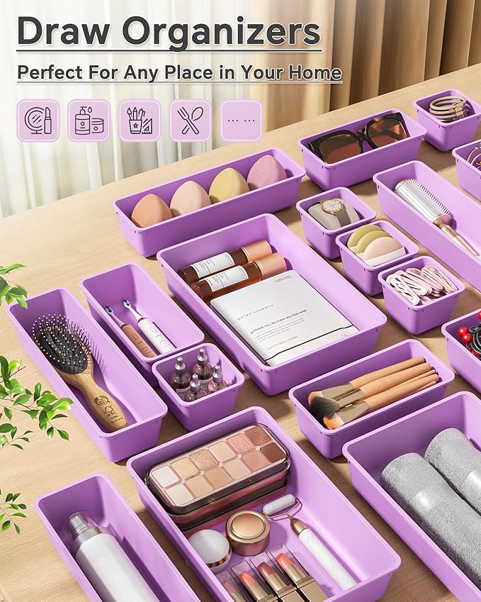 25 PCS Plastic Drawer Organizers Set, 4 Sizes Vanity Organizer, Makeup and Desk Drawer Organizer Trays, Organization and Storage for Makeup, Bathroom, Kitchen Utensils and Office (Purple)