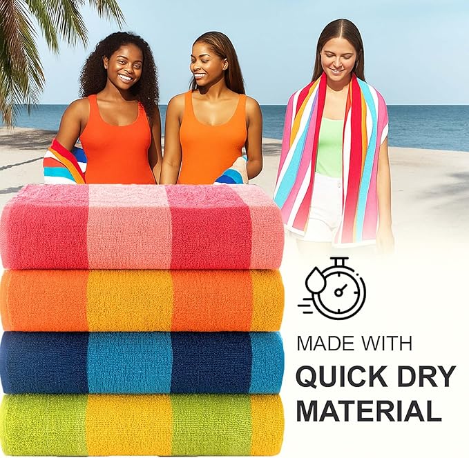 CASA COPENHAGEN Malibu Beach Towels Designed in Denmark Rough and Tough, Quick Dry, for Pool, Bath & Shower 30x60 inches 4 Pieces Cotton Beach Bath Towels Set - Orange, Blue, Pink, Green