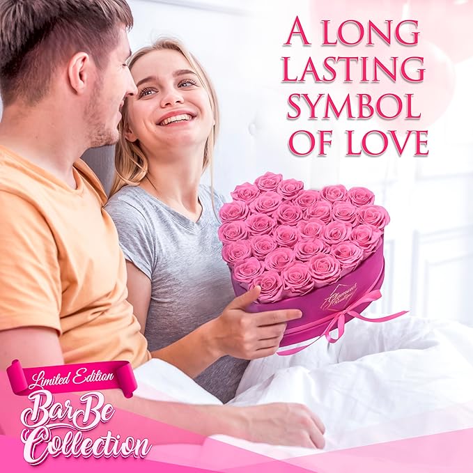 GLAMOUR BOUTIQUE 27 Flower Forever Heart Shape Box - Preserved Roses Gift for Her, Preserved Flowers, Velvet Pink