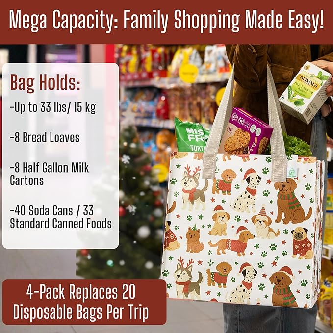 VENO 4 Pack Christmas Reusable Grocery Bags, Heavy-Duty Shopping Bags with Handles, for Shopping Cart with Hard Bottom to Stand Upright, Foldable (Holiday Pups, 4 Pack)