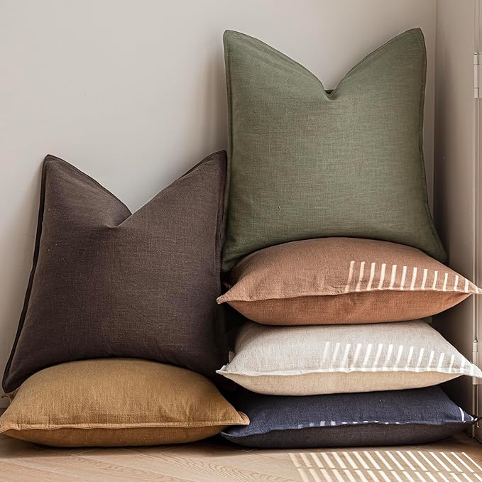 Foindtower Pack of 2, Decorative Linen Soild Throw Pillow Covers Soft Accent Cushion Case Boho Farmhouse Neutral Pillowcase for Couch Sofa Bedroom Living Room Home Decor 24 x 24 Inch Reddish Brown