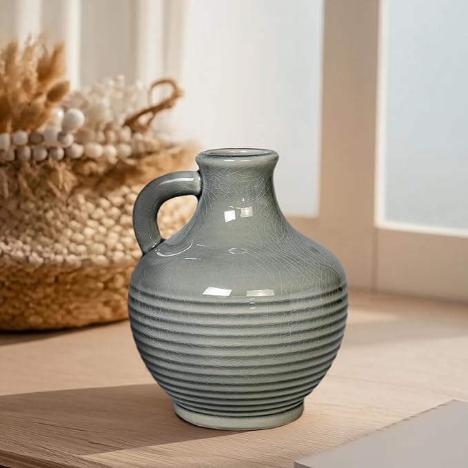 Sunddo Gray Ceramic Flower Vase， 6 Inch Small Modern Boho Vase for Home Decor, Decorative Vases with Handle, Neutral Accent for Minimalist, Table, Living Room, Bathroom, Shelf, Mantel Decor