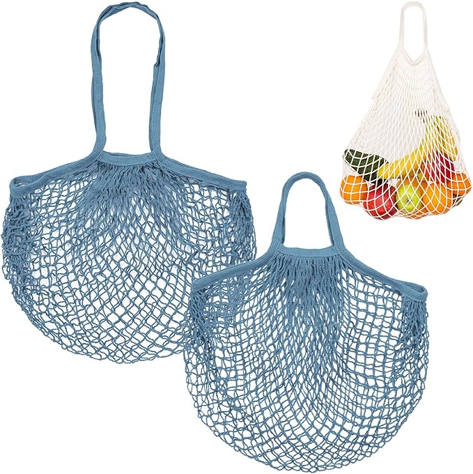 2-Pack Cotton Mesh Bag, Reusable Washable Mesh Net String Grocery Bags, Reusable Produce Bags with Handle, Net Tote Bag for Fruits Shopping [Gray-Blue, Long&Short Handle]