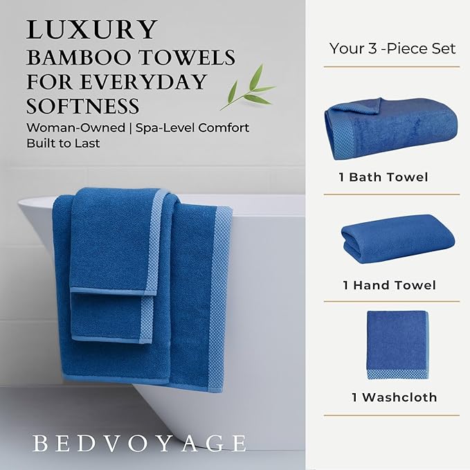 BedVoyage Luxury Bath Towels Set of 3 - Ultra Soft Plush Bathroom Towel Set - Highly Absorbent Viscose from Bamboo Bath Towels Ultra Soft - 3pc Spa Towel for Body - Indigo