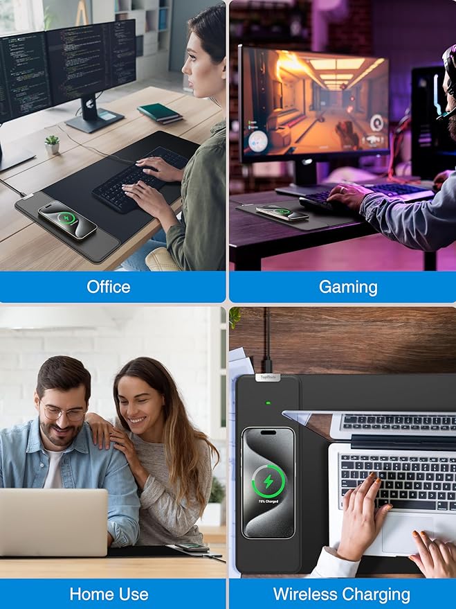 TopMade Wireless Charging Mouse Pad, Gaming Mousepad with Ultra-Smooth Surface, Non-Slip Base, Waterproof Computer Desk Pad, 31.5"x11.81" XL Large Desk Mat for MacBook, PC, Laptop