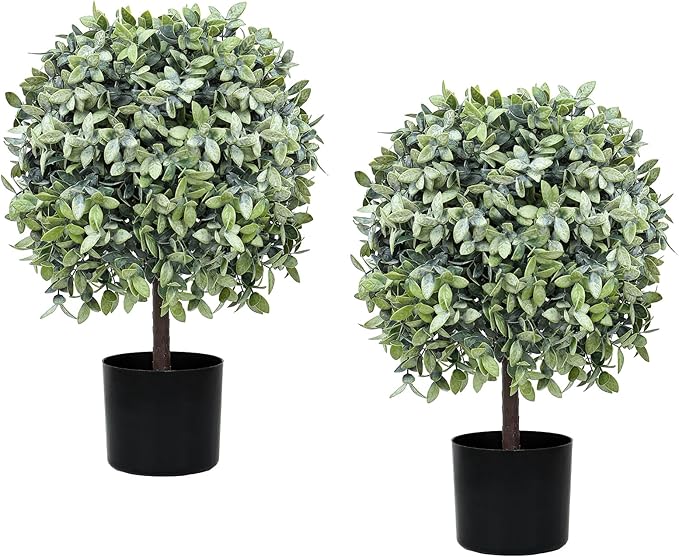 Topiary Trees Artificial Outdoor for Front Porch Set of 2 Faux Shrub Plants (23" T,13" D) - Fake Boxwood Ball Shrubs Potted for Home Decor (2 Color-Mix)