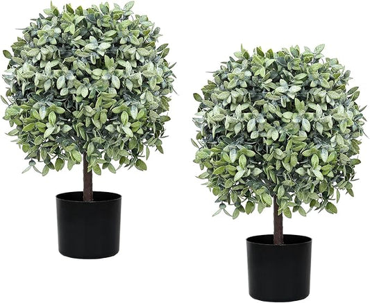 Topiary Trees Artificial Outdoor for Front Porch Set of 2 Faux Shrub Plants (23" T,13" D) - Fake Boxwood Ball Shrubs Potted for Home Decor (2 Color-Mix)