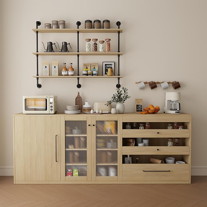 3-Tier Industrial Pipe Floating Shelf – Rustic 60 inch Wood Wall-Mounted Storage Shelf for Kitchen Office,Bathroom & Home Decor -White Oak