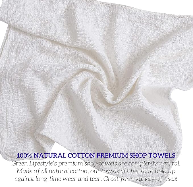 GREEN LIFESTYLE White Shop Towels 12x14, 50 Pack, 100% Cotton Super Absorbent & Durable Shop Rags, Reusable Shop Rags Bulk, Multipurpose Cleaning Towels for Automobiles, Industries, Garage and Home