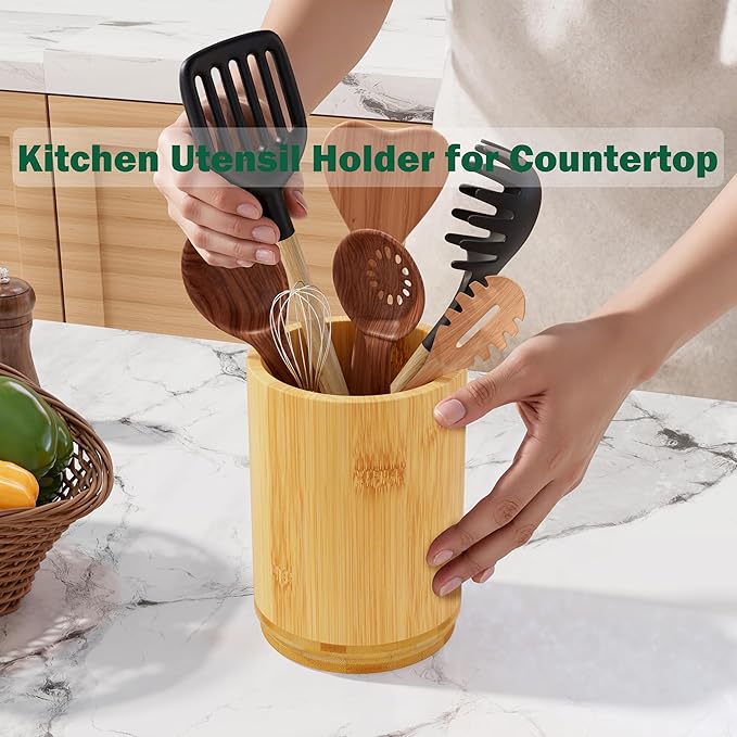 Bamboo Utensil Holder, Kitchen Utensil Holder for Countertop, 360°Rotating Cooking Utensil Crock for Kitchen Counter, 7.2" Large Utensil Organizer for Spatula