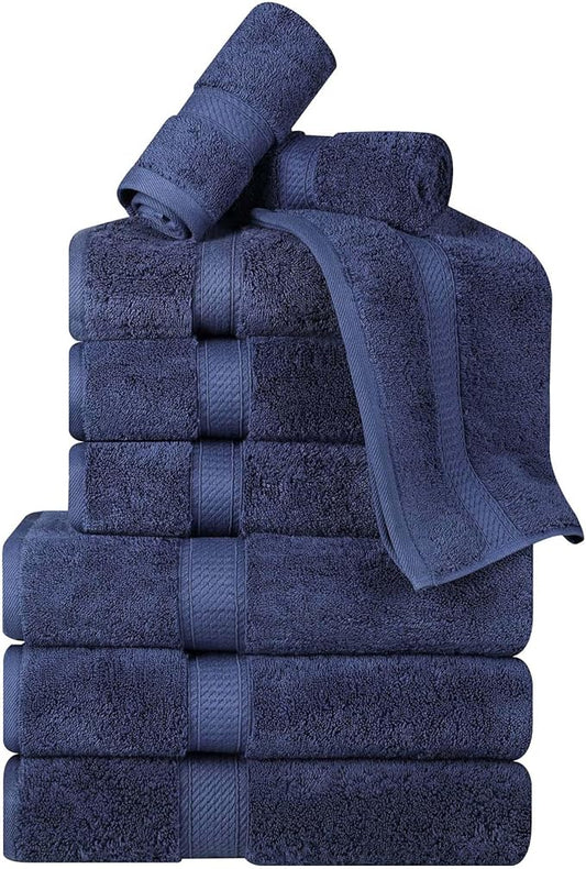BNM Egyptian Cotton Heavyweight Towels, Ideal for Bathroom, Shower, Spa, Hotel, 800 GSM, Face/Washcloths, Hand Towels, Bath Towels, Highly-Absorbent, Luxury Home Basics, 9 Piece Towel Set, Navy Blue