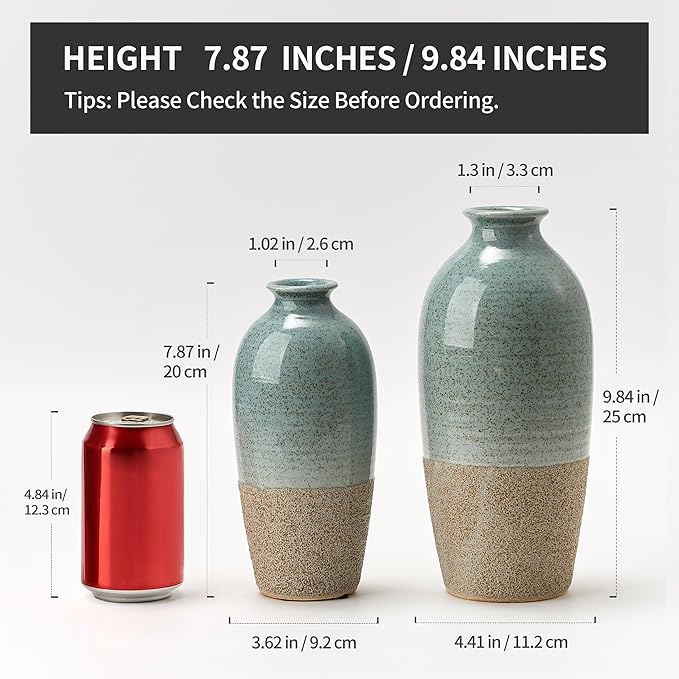 Ceramic Vases for Home Decor, Elegant Blue and Brown Ceramic Vase Set of 2, Vintage Minimalist Decorative Vase for Table Centerpiece Dining Living Room Office Nightstand Fireplace Decoration