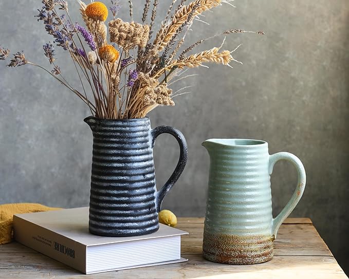 Quoowiit Ceramic Rustic Vase with Handle, Black Distressed Decorative Farmhouse Pitcher Vase for Home Decor Living Room Bedroom Kitchen Office Shelf Decor Centerpiece Table Decoration