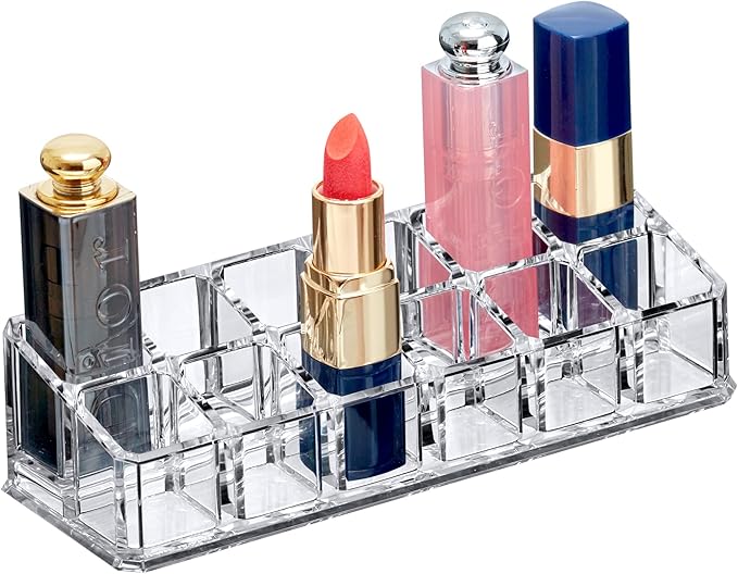 Amazing Abby - Glamour - 12-Slot Acrylic Lipstick Organizer, Lipstick Holder, Lip Gloss Holder, Cosmetic Storage Display, Perfect Storage Solution for Drawer and Vanity (Slot Size: 0.9" x 0.9")