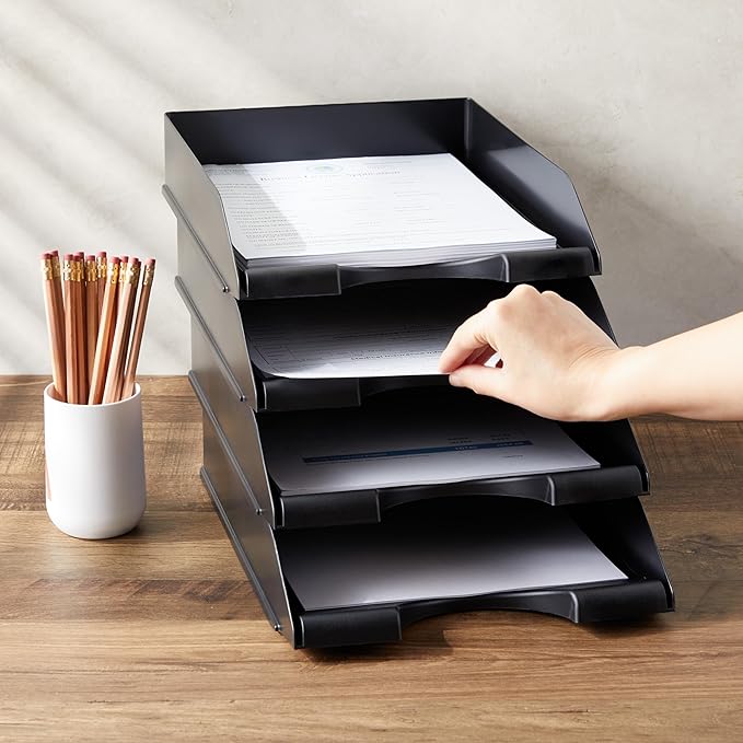 Stockroom Plus Letter Tray - Stackable Desk Organizer Trays - Desktop File Organizer - Mail & Document Storage - Pack of 4, Black, 10 x 13.5 x 2.5 in