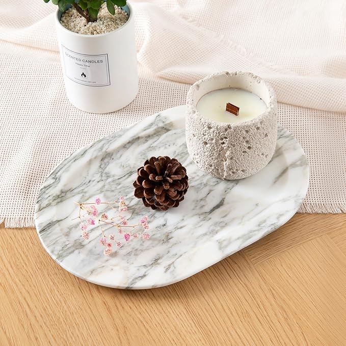 Natural Marble Decorative Tray Bathroom Counter Perfume Organizer Vanity Tray for Home Decor, Jewelry Candle, Coffee Table, Soap Holder Dresser Countertop Accessories 8"x11" Carrara