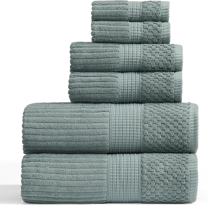 Springtree Home 100% Cotton Bath Towel Set | 6 Piece Set | Absorbent & Quick-Dry Bath Towels | Textured and Durable Cotton | Krista Collection - Silver Blue