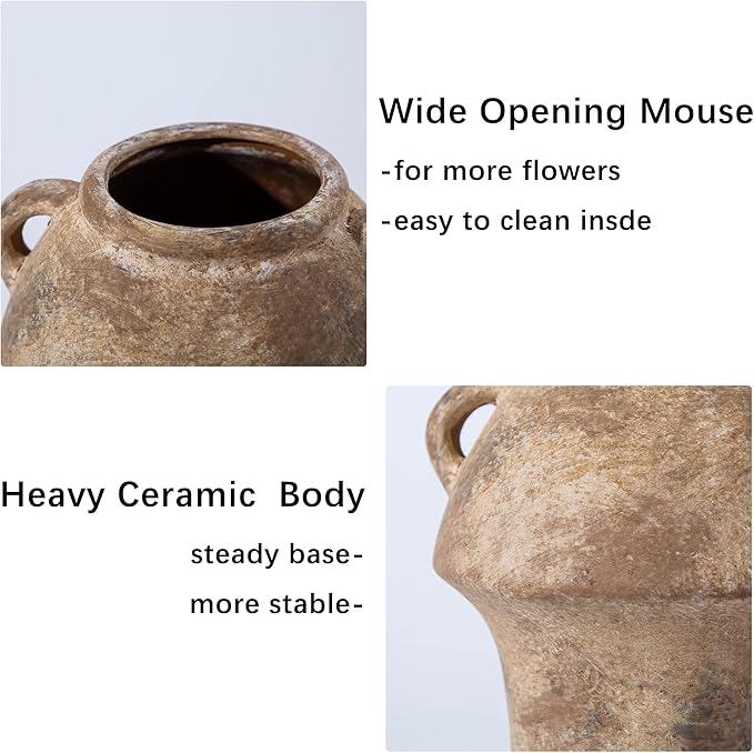 Christmas Decorative Vase, Ceramic Rustic Flower Vases, 7 Inch Terracotta Vintage Vases with Hadle for Home Decor, Farmhouse Living Room Shelf Decor Farmhouse Table, Lyeec