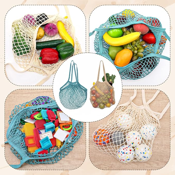 2 Pack Reusable Grocery Bags Cotton Mesh Produce Bags Long Handle Mesh Tote Bag for Fruit & Veggie Storage(Beige and Blue-Gray)