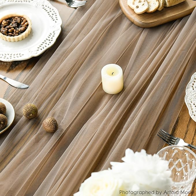 Artoid Mode Coffee Gauze Table Runner 120 Inch 10FT, Seasonal Sheer Kitchen Dining Holiday Wedding Birthday Baby Shower Table Decor for Home Party