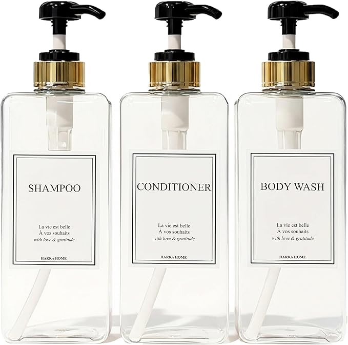 Modern Gold Design Large 27 oz Shampoo and Conditioner Dispensers - Empty Plastic Refillable Pump Bottle Set for Bathroom Shower Soap Dispenser, Gift Box Included, Set of 3 (Clear & Black)