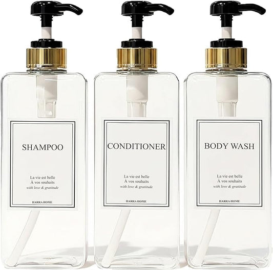 Modern Gold Design Large 27 oz Shampoo and Conditioner Dispensers - Empty Plastic Refillable Pump Bottle Set for Bathroom Shower Soap Dispenser, Gift Box Included, Set of 3 (Clear & Black)