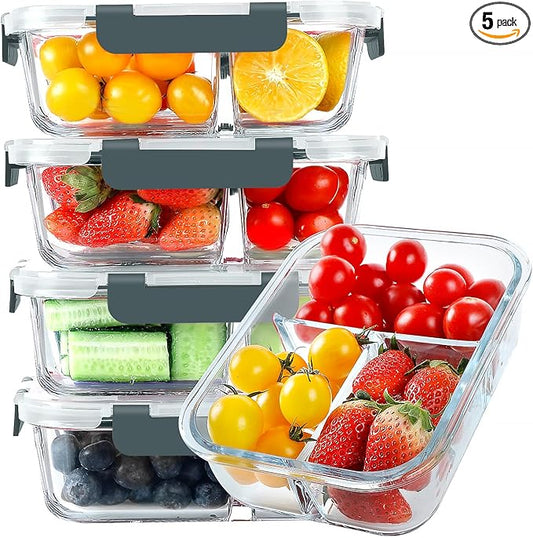 KOMUEE Glass Meal Prep Containers 3 Compartments, 5 Pack 36 oz, Glass Food Storage Containers with Lids, Airtight Lunch Bento Box, Portion Control, Freezer and Microwave Safe