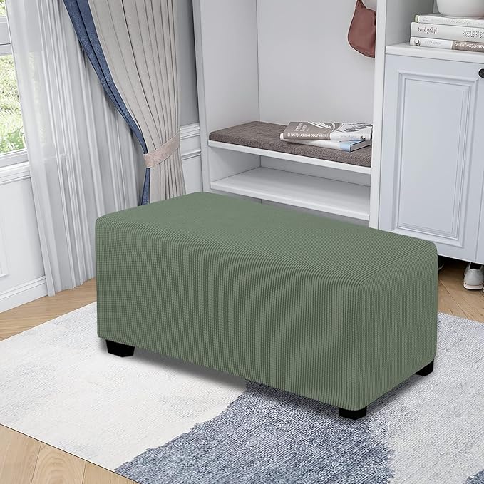 Easy-Going Stretch Ottoman Cover Folding Storage Stool Furniture Protector Soft Rectangle slipcover with Elastic Bottom (Large, Greyish Green)