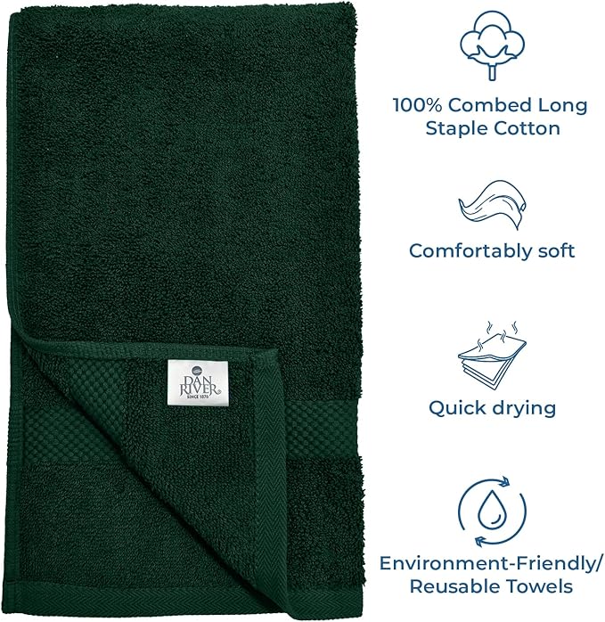 DAN RIVER 6-Pack Premium Hand Towels (16x28 Inches) - 100% Cotton, Ultra Soft, Lightweight, Highly Absorbent Towels for Bathroom, Spa, Gym, Salon, Hotel, and Travel - 550 GSM, Hunter Green