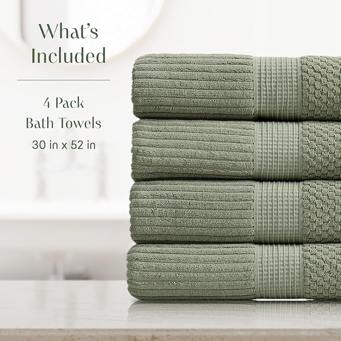 Springtree Home 100% Cotton Bath Towel Set of 4 | Super Soft & Absorbent with Quick-Dry Fibers | 4 Bath Towels | Textured and Durable Cotton | Krista Collection (Lily Pad Green)