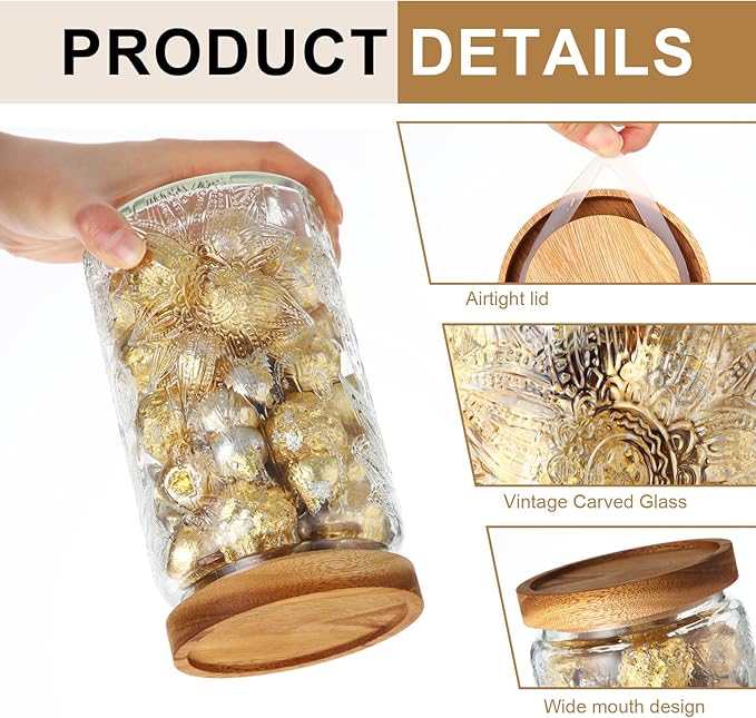6 Pcs Vintage Glass Jar with Wooden Lid 17/24/34 oz Glass Airtight Food Storage Container with Lid Jar Begonia Sunflower Pattern for Kitchen Sugar Coffee Tea Beans Candy Cookie