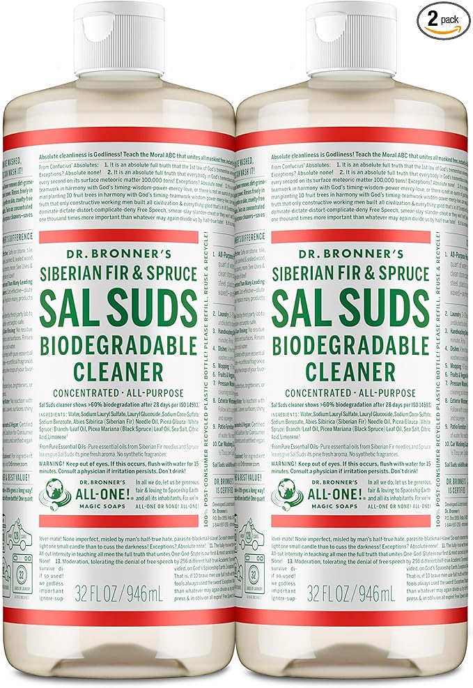 Dr. Bronner's - Sal Suds Biodegradable Cleaner (32oz, 2-Pack) – Concentrated All Purpose Cleaning Solution & Mop Soap, For Floors, Laundry & Dishes – Powerful Formula Made with Plant-Based Surfactants