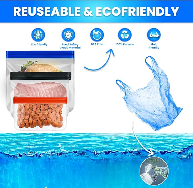 Reusable Silicone Food Storage Bags – 14-Pack Ziplock Set (4 Small, 6 Medium, 4 Large), BPA-Free Leakproof Freezer Bags, Extra Thick & Durable, Dishwasher Safe for Meal Prep, Snacks, Travel