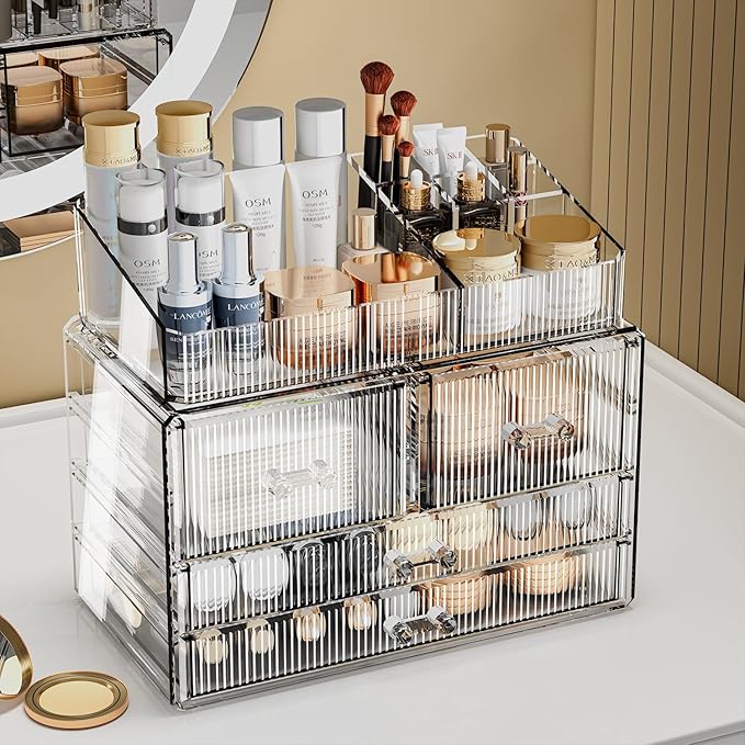 ZHIAI Stackable Storage Drawers, Acrylic Bathroom Counter Organizer Clear Makeup Organizers for Vanity, Kitchen Cabinets, Bathroom, Undersink, Home Organization and Storage (1 Top 4 Drawers D)