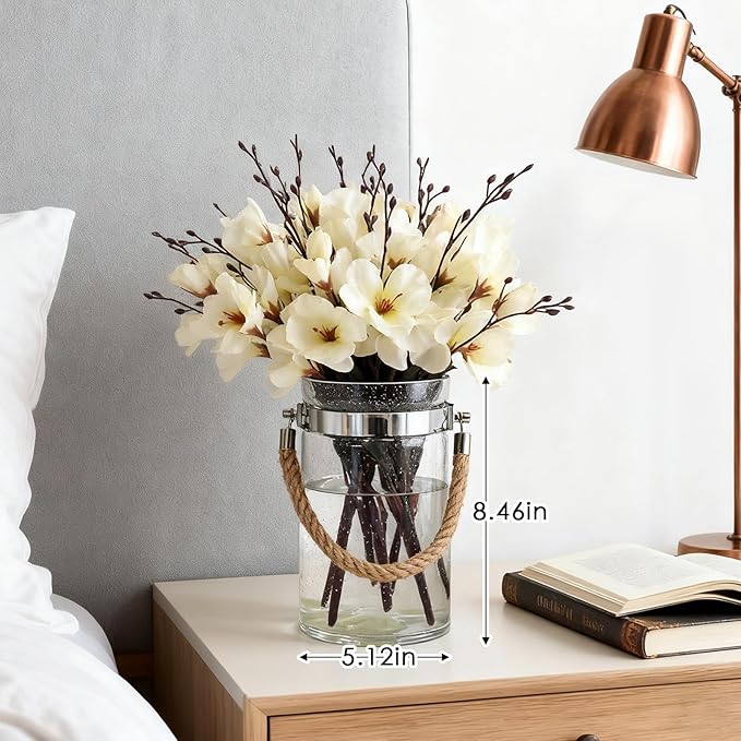 Barrel-Shaped 8.46" Large Mouth Clear Glass Vase with Hemp Rope Handle - Ideal for Floral Arrangements, Bouquets, Floating Tealights, Home Display & Holiday Decor