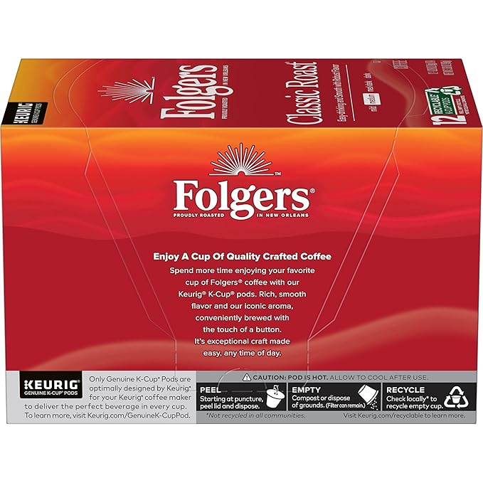 Folgers Classic Roast Medium Roast Coffee, 12 Keurig K-Cup Pods (Pack of 1, 12 Count Total)