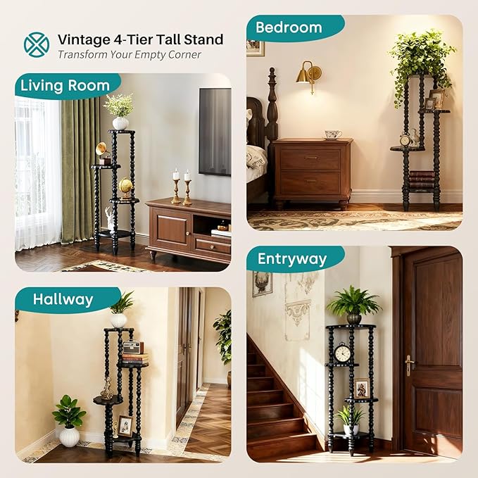 Wooden Plant Stand Indoor - 4 Tier 43.3" H Tall Classic Antique Vintage Heavy Duty Solid Wood Black Plant Flower Display Stand Shelf for House Corner, Living Room, Bedroom, Entryway, Hallway
