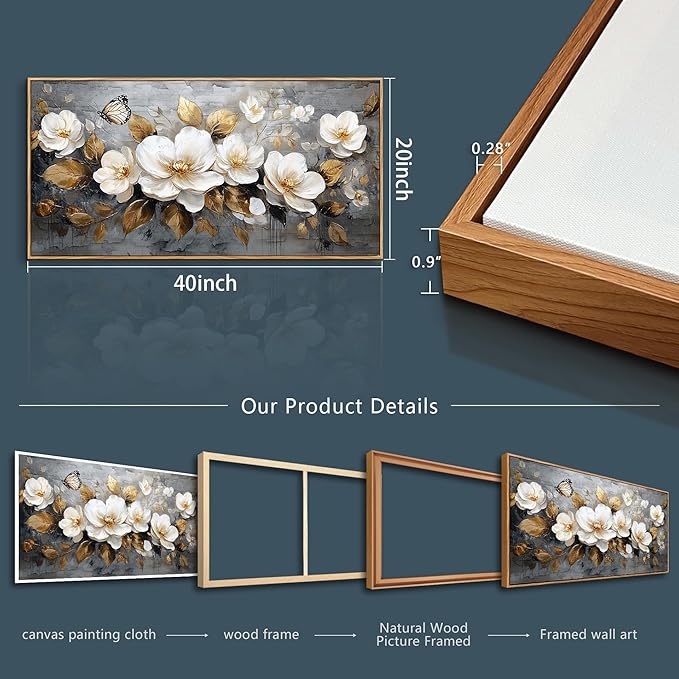 FUHAIHUA Wood Framed Canvas Wall Art For Living Room Wall Decor For Bedroom Office Wall Decoration White Flower Painting Farmhouse Pictures Artwork Room Aesthetic Home Decor 20x40 In