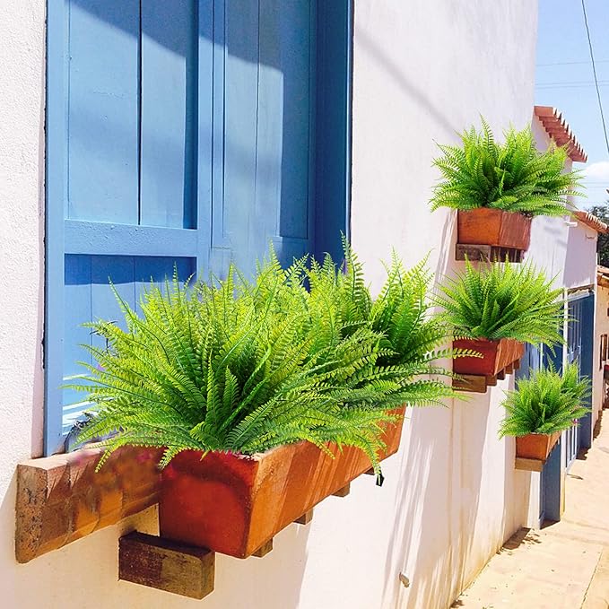 Ouddy Decor 12 Bundles Artificial Boston Ferns Artificial Plants Outdoor Greenery Stems Faux Shrubs UV Resistant for Garden Front Porch Table Window Box Home Decorations
