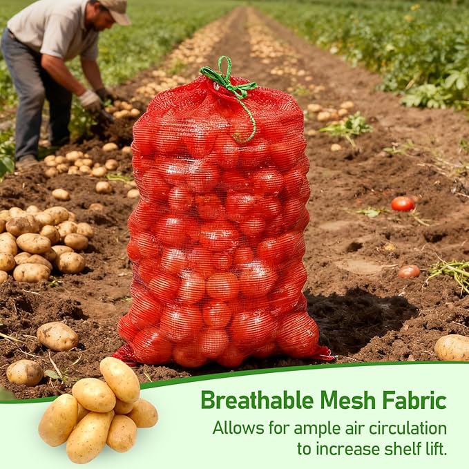 SHENLIU 50Pcs Extra Large Mesh Produce Bags, 21” x 32” Mesh Onion Bags 60lbs Reusable Drawstring Fresh Produce Storage Bag Washable Net Bag for Onions, Vegetables, Potatoes, Citrus, Crawfish, Firewood