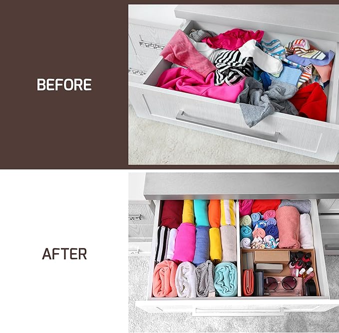 6 Pack Drawer Dividers 4 Inch High, 11”-17" Adjustable Bamboo Organizers Large Expandable Drawer Separators for Cloths, Dresser, Bedroom, Bathroom, Baby Drawer, Office & Kitchen Utensils (White)