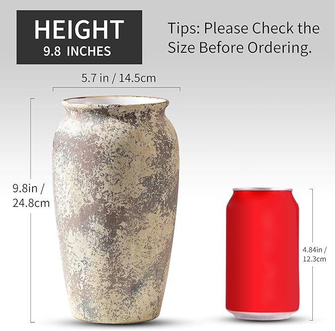 Vintage Ceramic Farmhouse Flower Large Vase, Rustic Terra Cotta Tall Floor Stone Vases, Pottery Decorative Flower Vase for Home Decor, Table, Living Room Decoration, Shelf Decor, Mantel, 9.8 Inch