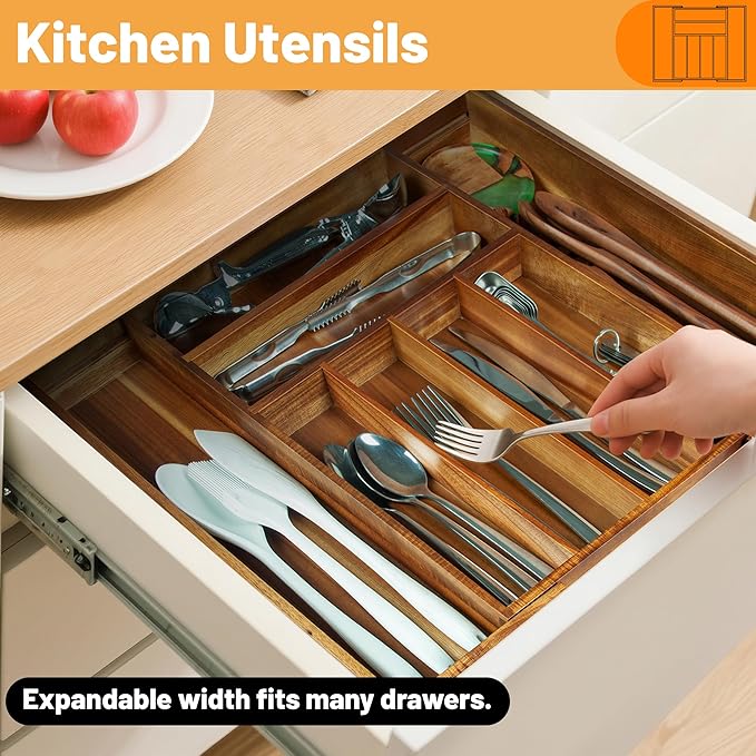 Acacia Wood Expandable Silverware Organizer, Kitchen Utensil Drawer Organizer for Forks & Spoons, 8-Compartment Cutlery Tray, Flatware Holder