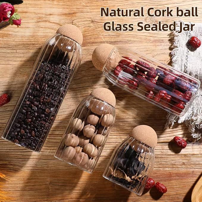 Glass Storage Jar with Ball Cork Lid, Clear Glass Canisters with Cork Ball,3Pcs High Borosilicate Glass Sealed Jar 16oz 26oz 36oz, Used for Storing Candies, Salt, Tea, Seasonings, Cookies, etc