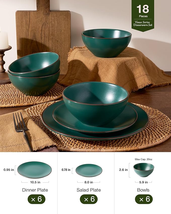 Famiware Venus Plates and Bowls Sets, 18 Pieces Stoneware Dinnerware Sets, Speckled Dishes Set for 6, Microwave and Dishwasher Safe, Matte Dark Green
