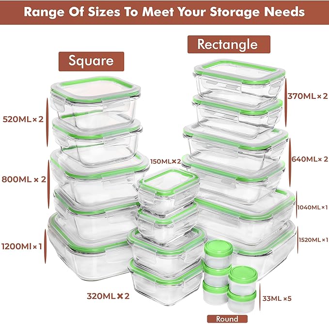 Razab 35 Pc Set Glass Food Storage Containers with Lids - Meal Prep Airtight Bento Boxes BPA-Free 100% Leak Proof (15 lids,15 glass & 5 Plastic Sauce/Dip Containers)