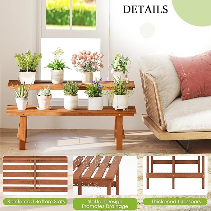 Giantex 2 Tier Wood Plant Stand, Ladder Plant Shelf for Multiple Potted Plants with Teak Oil Finish, Indoor & Outdoor Flower Pot Holder, Corner Display Rack for Balcony, Living Room, Garden