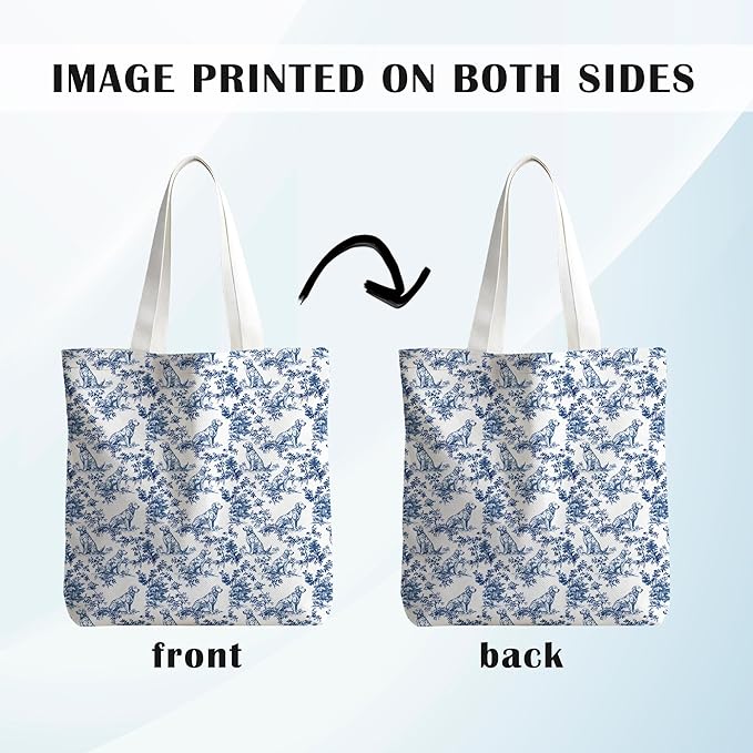 Blue Golden Retriever Tote Bag, Blue and White Chinoiserie Dog Canvas Tote Bags for Women, Grand Millennial Gifts for Women, Vintage Dog Reusable Grocery Shopping Bag